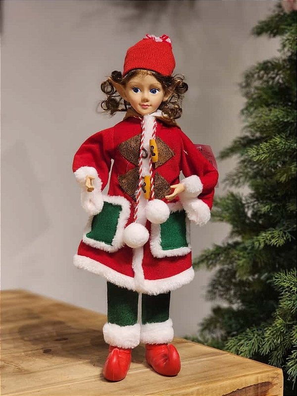 BONECO ELFO EM PÉ VERMELHO E VERDE 47CM