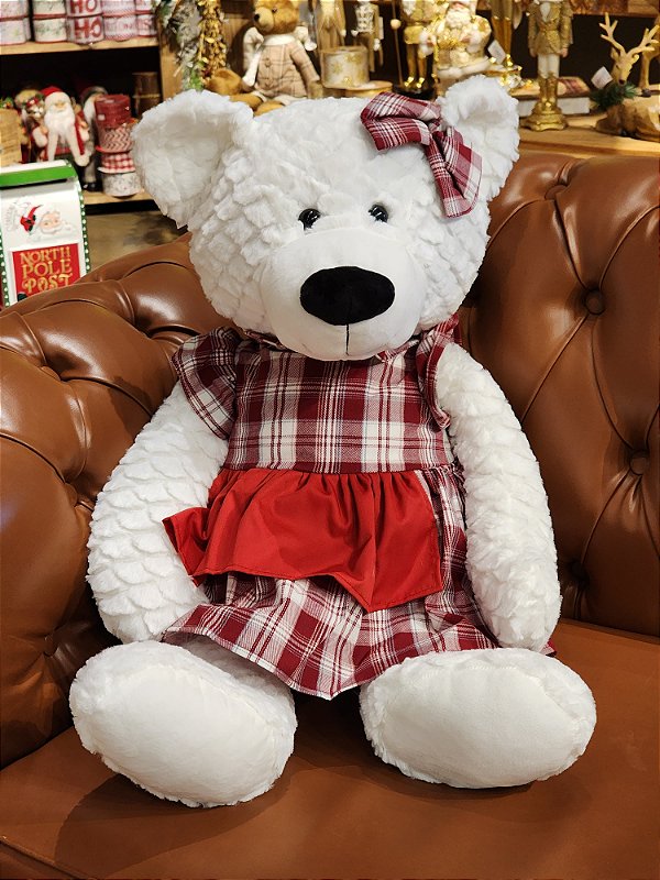 URSO BRANCO XADREZ VERMELHO E BRANCO 50CM