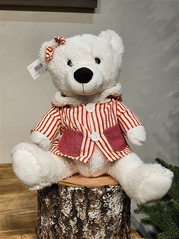URSO BRANCO SENTADO VERMELHO E BRANCO 29CM