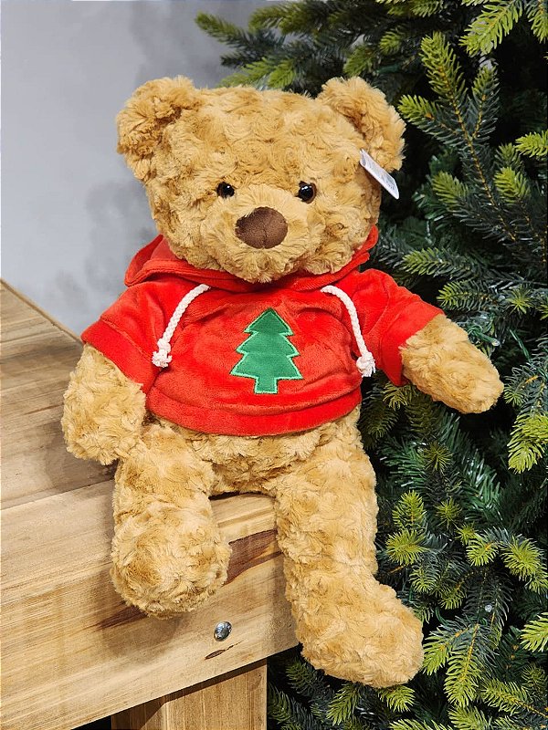 URSO BEGE SENTADO COM MOLETON VERMELHO 30CM