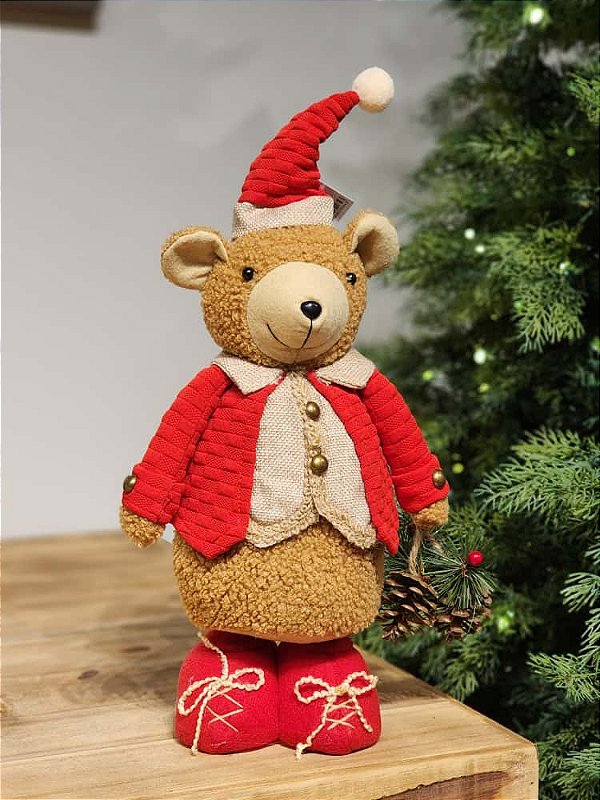 BONECO URSO MENINO EM PÉ VERMELHO E BEGE 33CM