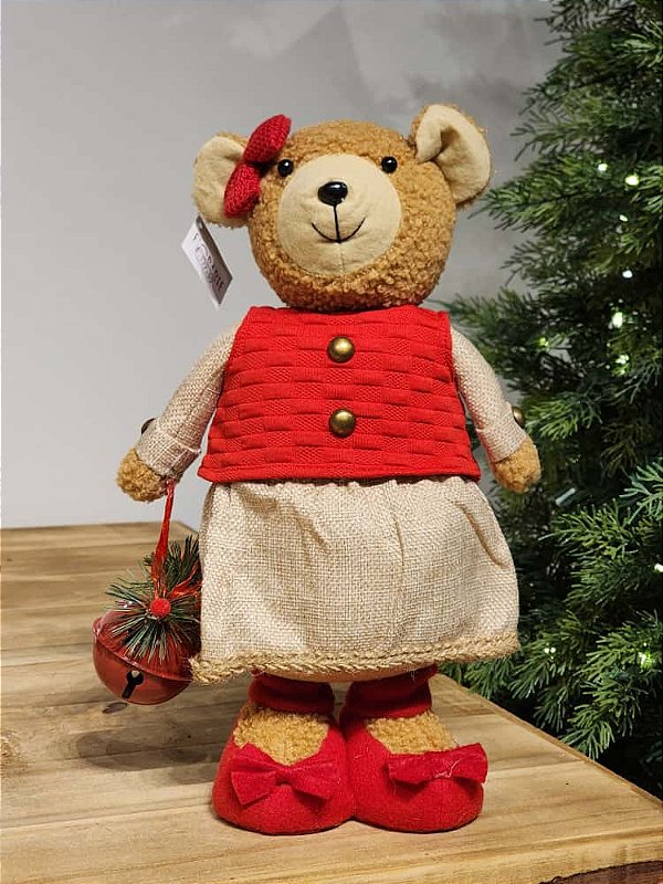 BONECO URSO MENINA EM PÉ VERMELHO E BEGE 33CM