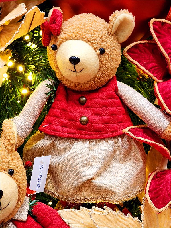 BONECO URSO MENINA EM PÉ VERMELHO E BEGE 33CM - PRÉ VENDA 2025