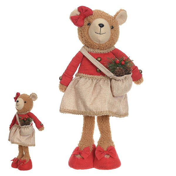 BONECO URSO MENINA EM PÉ VERMELHO E BEGE 47CM - PRÉ VENDA 2025