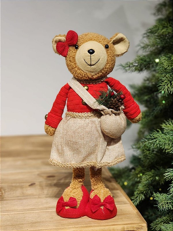 BONECO URSO MENINA EM PÉ VERMELHO E BEGE 47CM