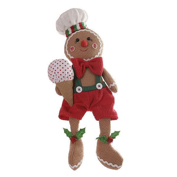BONECO SENTADO MENINO GINGERBREAD COM SORVETE VERMELHO E BRANCO 41CM - PRÉ VENDA 2025