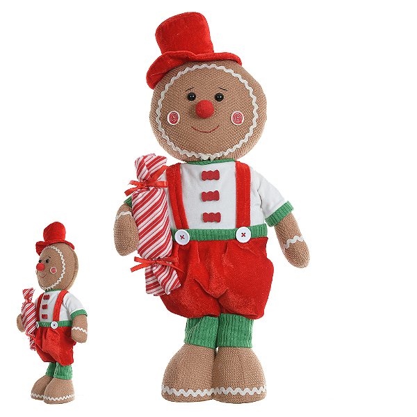BONECO EM PÉ MENINO GINGERBREAD COM BALA VERMELHO E BRANCO 51CM - PRÉ VENDA 2025