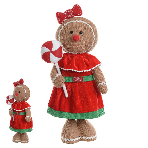 BONECO EM PÉ MENINA GINGERBREAD COM PIRULITO VERMELHO E BRANCO 51CM - PRÉ VENDA 2025