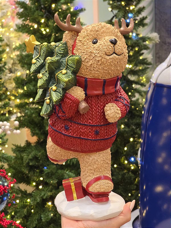 URSO EM RESINA  VERMELHO E AZUL 32,5CM
