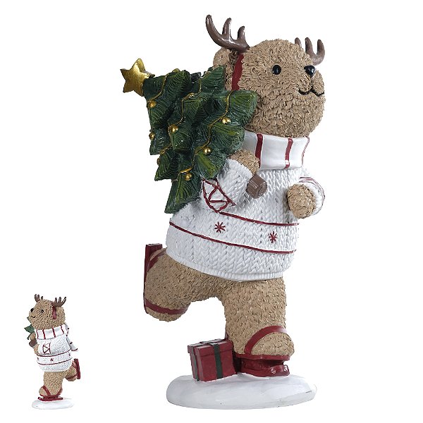 URSO EM RESINA COM SUETER VERMELHO E BRANCO 32,5CM