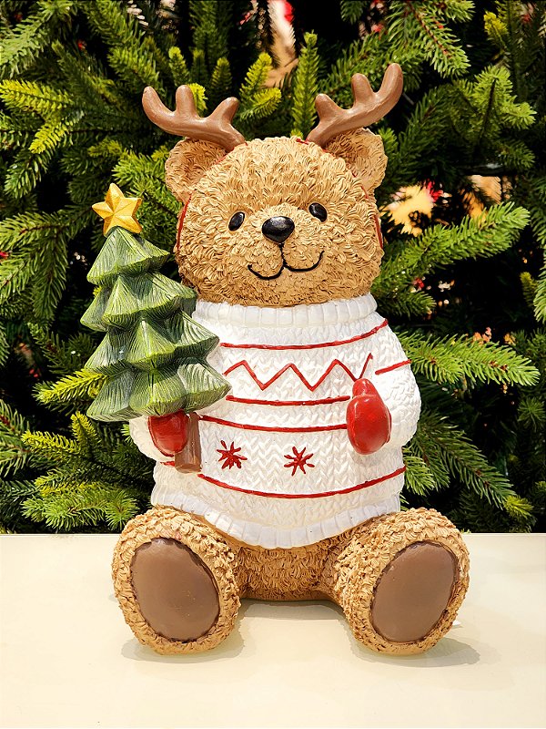 URSO EM RESINA COM SUETER VERMELHO E BRANCO 29,5CM