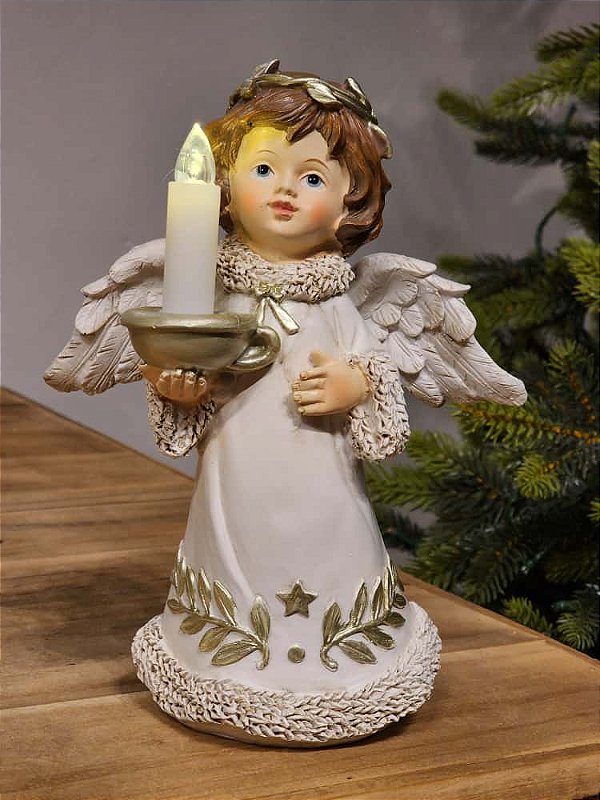 ANJO COM VELA COM LED BRANCO E DOURADO 20,5CM