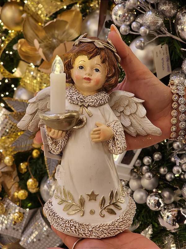 ANJO COM VELA COM LED BRANCO E DOURADO 20,5CM - PRÉ VENDA 2025