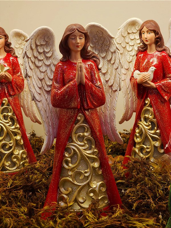 ANJO ORANDO COM LED VERMELHO E DOURADO 31CM - PRÉ VENDA 2025