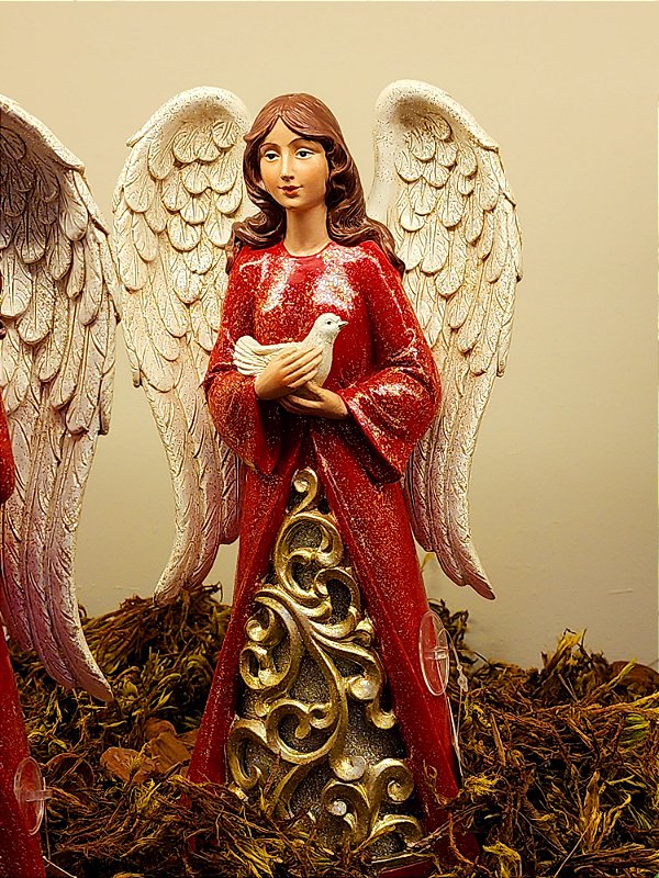 ANJO COM POMBO COM LED VERMELHO E DOURADO 31CM - PRÉ VENDA 2025