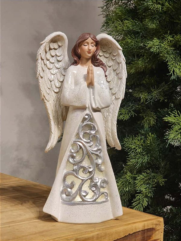ANJO ORANDO COM LED BRANCO E PRATA 31CM