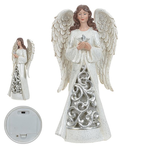 ANJO COM ESTRELA COM LED BRANCO E PRATA 31CM - PRÉ VENDA 2025