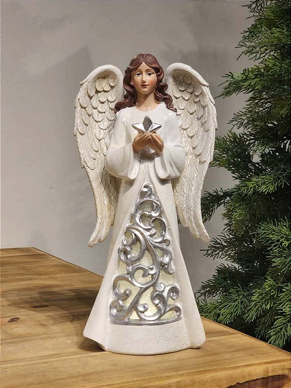 ANJO COM ESTRELA COM LED BRANCO E PRATA 31CM