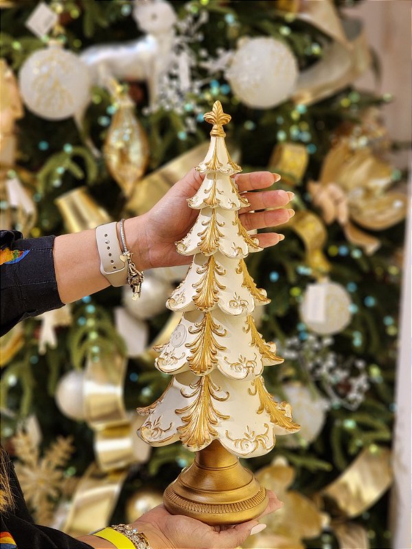 ÁRVORE EM RESINA DOURADO E CHAMPANHE 42CM - PRÉ VENDA 2025