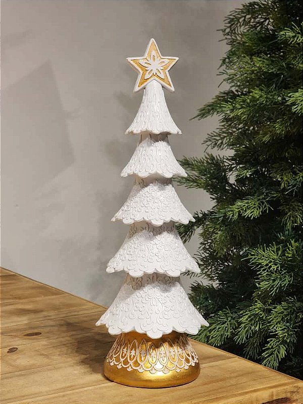 ÁRVORE EM RESINA BRANCA E DOURADA 37CM