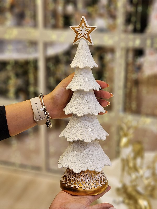 ÁRVORE EM RESINA BRANCA E DOURADA 37CM - PRÉ VENDA 2025