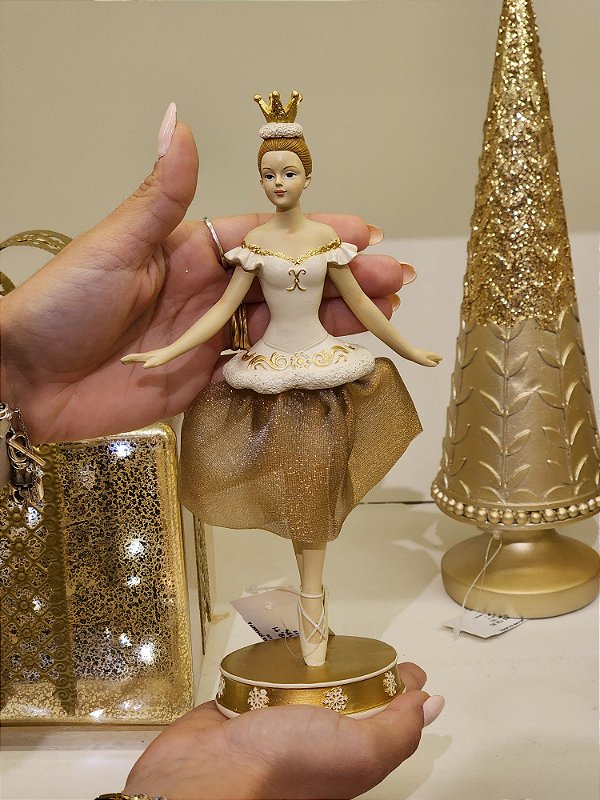 BAILARINA EM RESINA CHAMPANHE E DOURADO 23CM - PRÉ VENDA 2025