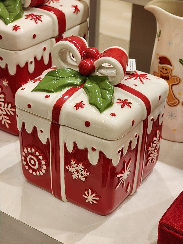 POTE DECORATIVO COM TAMPA VERMELHO E BRANCO 17CM - PRÉ VENDA 2025