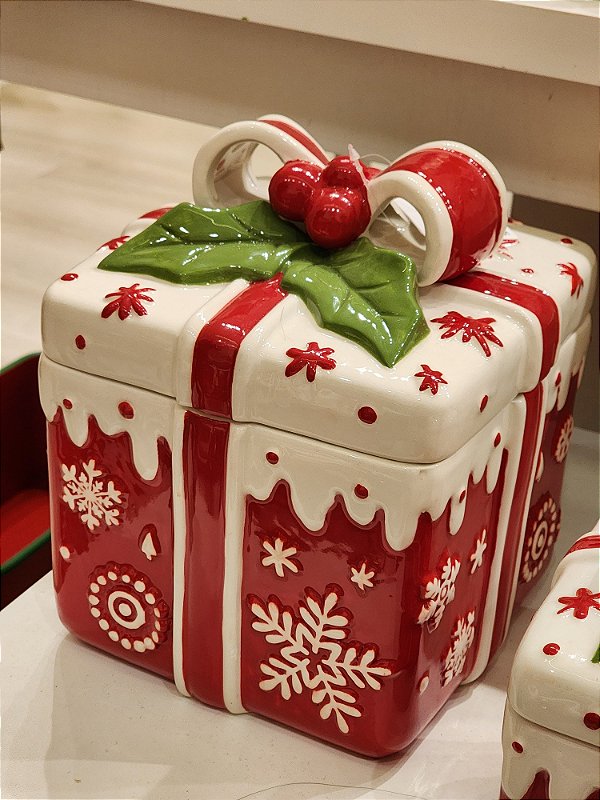 POTE DECORATIVO COM TAMPA VERMELHO E BRANCO 26CM - PRÉ VENDA 2025