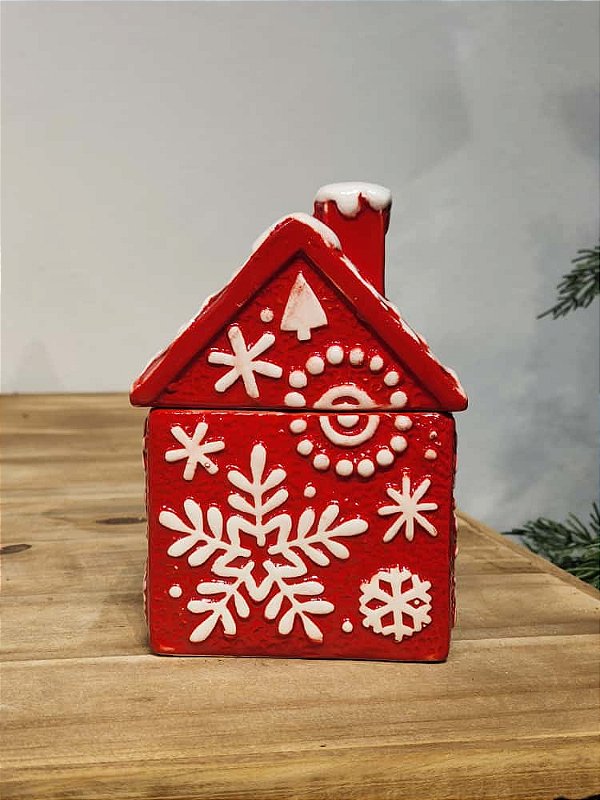 POTE DECORATIVO COM TAMPA CASINHA VERMELHA E BRANCA 15CM