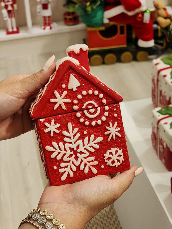 POTE DECORATIVO COM TAMPA CASINHA VERMELHA E BRANCA 15CM - PRÉ VENDA 2025