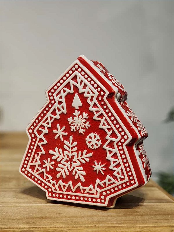 POTE DECORATIVO COM TAMPA ÁRVORE VERMELHA E BRANCA 21CM