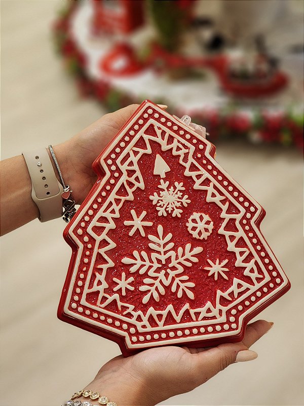 POTE DECORATIVO COM TAMPA ÁRVORE VERMELHA E BRANCA 21CM - PRÉ VENDA 2025