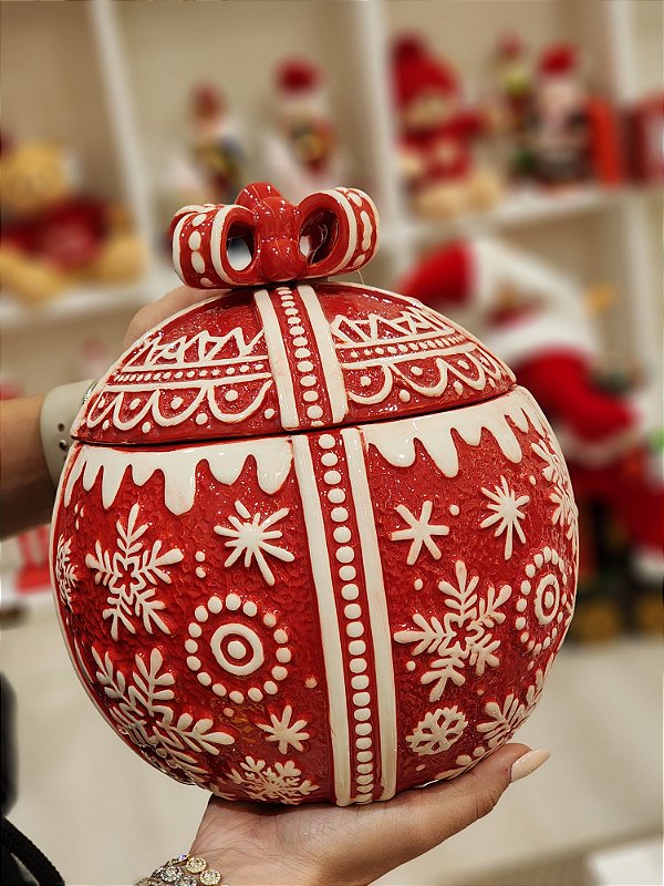POTE DECORATIVO COM TAMPA BOLA VERMELHA E BRANCA 23CM - PRÉ VENDA 2025