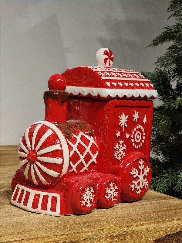 POTE DECORATIVO COM TAMPA TRENZINHO VERMELHO E BRANCO 22CM