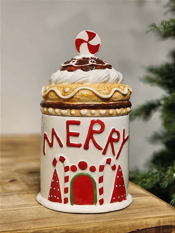 POTE DECORATIVO COM TAMPA MERRY VERMELHO E BRANCO 27CM
