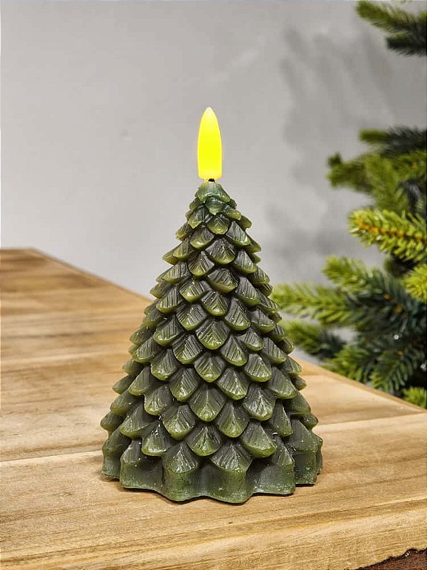 VELA EM CERA COM LED ÁRVORE VERDE 13,5CM