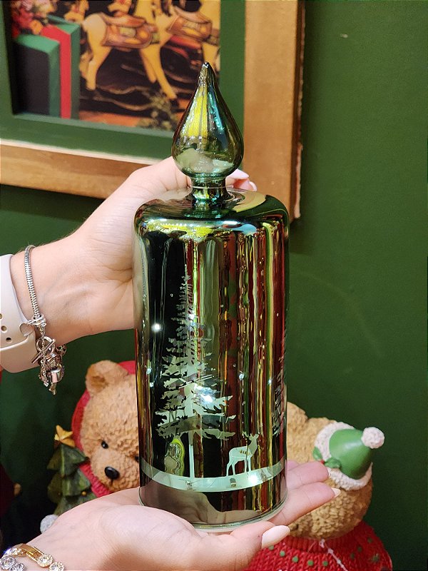 VELA DE VIDRO VERDE DECORATIVA COM LED 20CM - PRÉ VENDA 2025