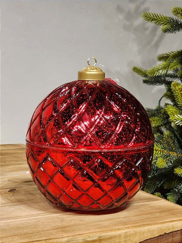 BOLA DE VIDRO DECORATIVA VERMELHA COM  LED 20CM