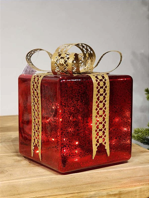 PRESENTE DECORATIVO DE VIDRO VERMELHO E DOURADO 26CM