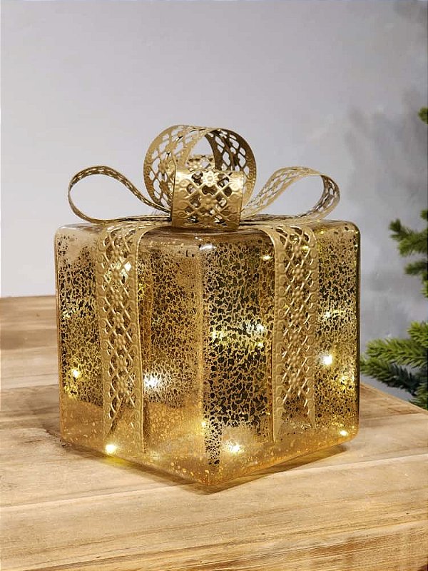 PRESENTE DECORATIVO DE VIDRO DOURADO E CHAMPANHE 22CM