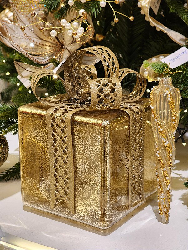 PRESENTE DECORATIVO DE VIDRO DOURADO E CHAMPANHE 22CM - PRÉ VENDA 2025