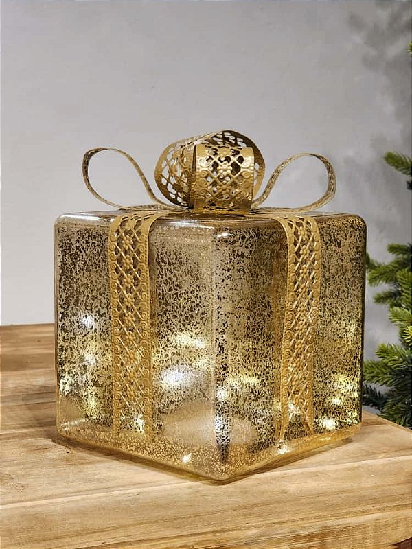 PRESENTE DECORATIVO DE VIDRO DOURADO E CHAMPANHE 26CM