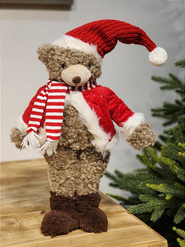 URSO NATALINO EM PÉ VERMELHO COM CACHECOL 49CM