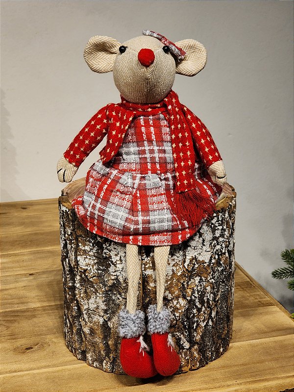 RATINHA SENTADA COM VESTIDO VERMELHO E CINZA 40CM