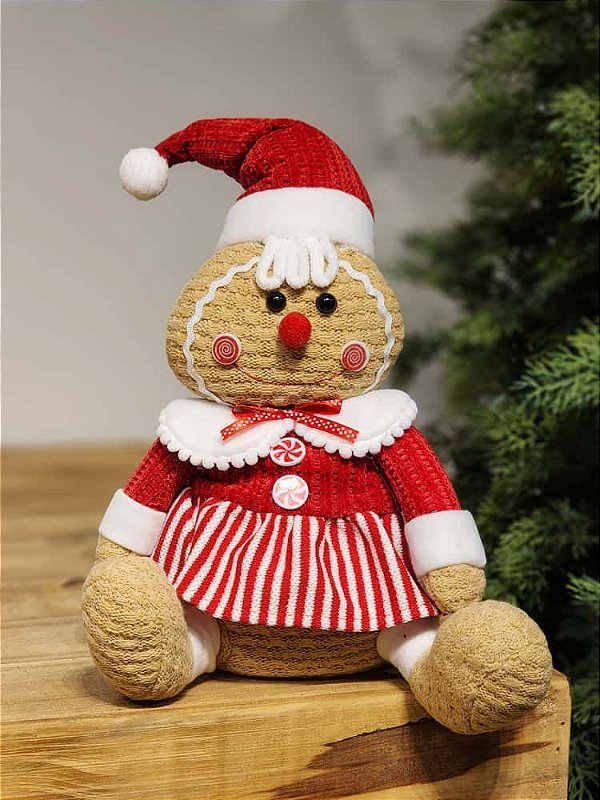 BONECO GINGERBREAD SENTADO VERMELHO E BRANCO 38CM