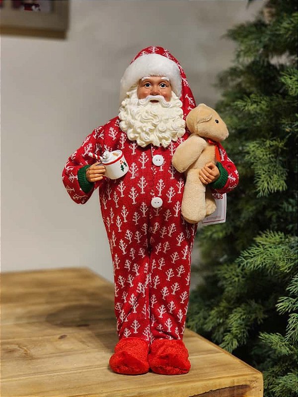 PAPAI NOEL COM PIJAMA VERMELHO COM URSO 45CM