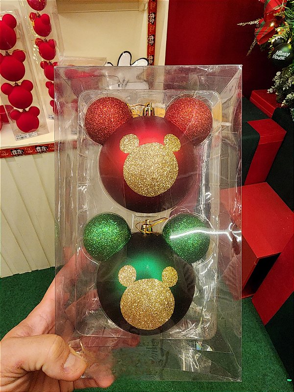 BOLA MICKEY COM GLITTER VERDE E VERMELHO 10CM KIT COM 2 UNIDADES - PRÉ VENDA 2025