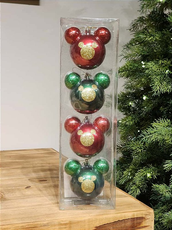 BOLA MICKEY COM GLITTER VERDE E VERMELHO 8CM KIT COM 4 UNIDADES