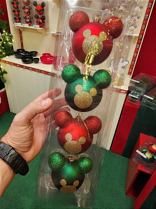 BOLA MICKEY COM GLITTER VERDE E VERMELHO 8CM KIT COM 4 UNIDADES - PRÉ VENDA 2025