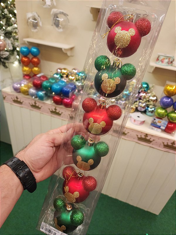 BOLA MICKEY COM GLITTER VERDE E VERMELHO 6CM KIT COM 6 UNIDADES - PRÉ VENDA 2025